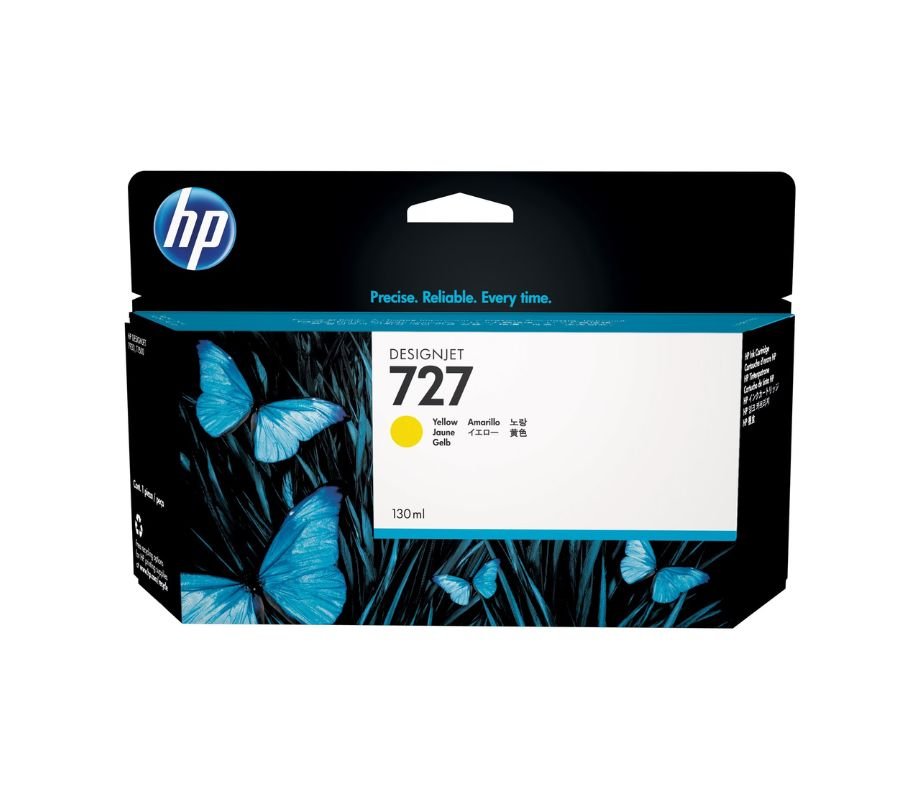 Cartouche HP 727 Jaune (B3P21A), 130 ml, encre teintée pour impression jet d’encre thermique HP. Qualité professionnelle et durable, poids 0,21 kg.